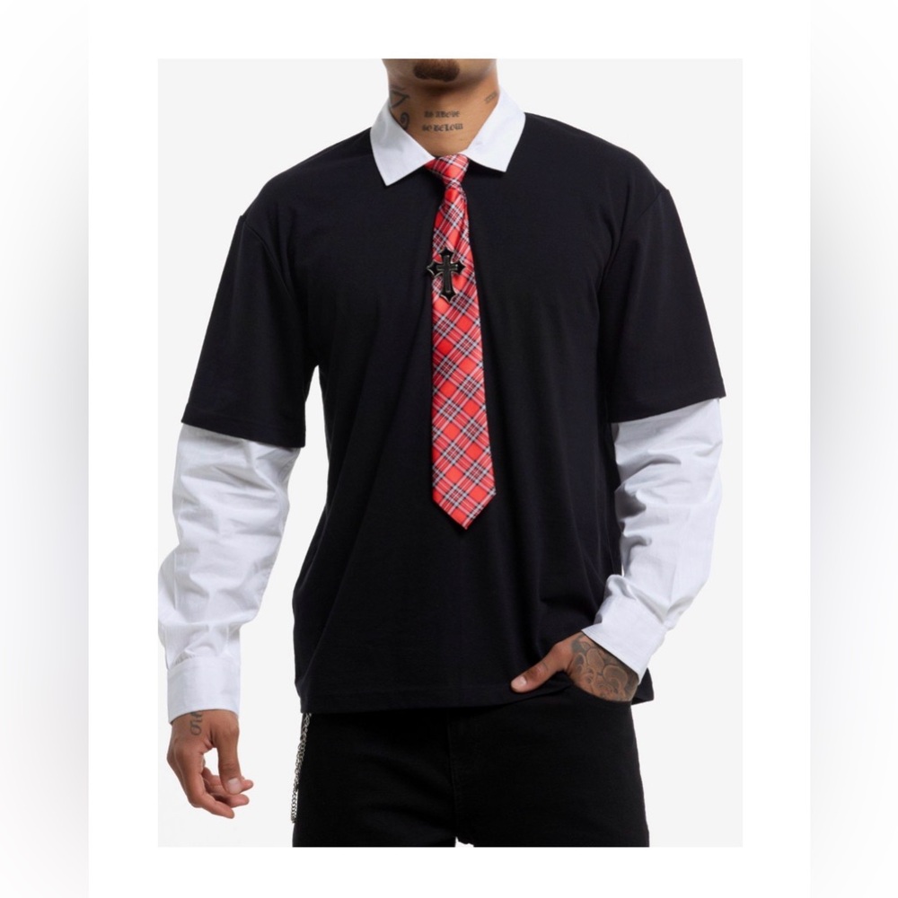 NWT Hot Topic Black & White Collar Twofer Long-Sleeve Top With Tie